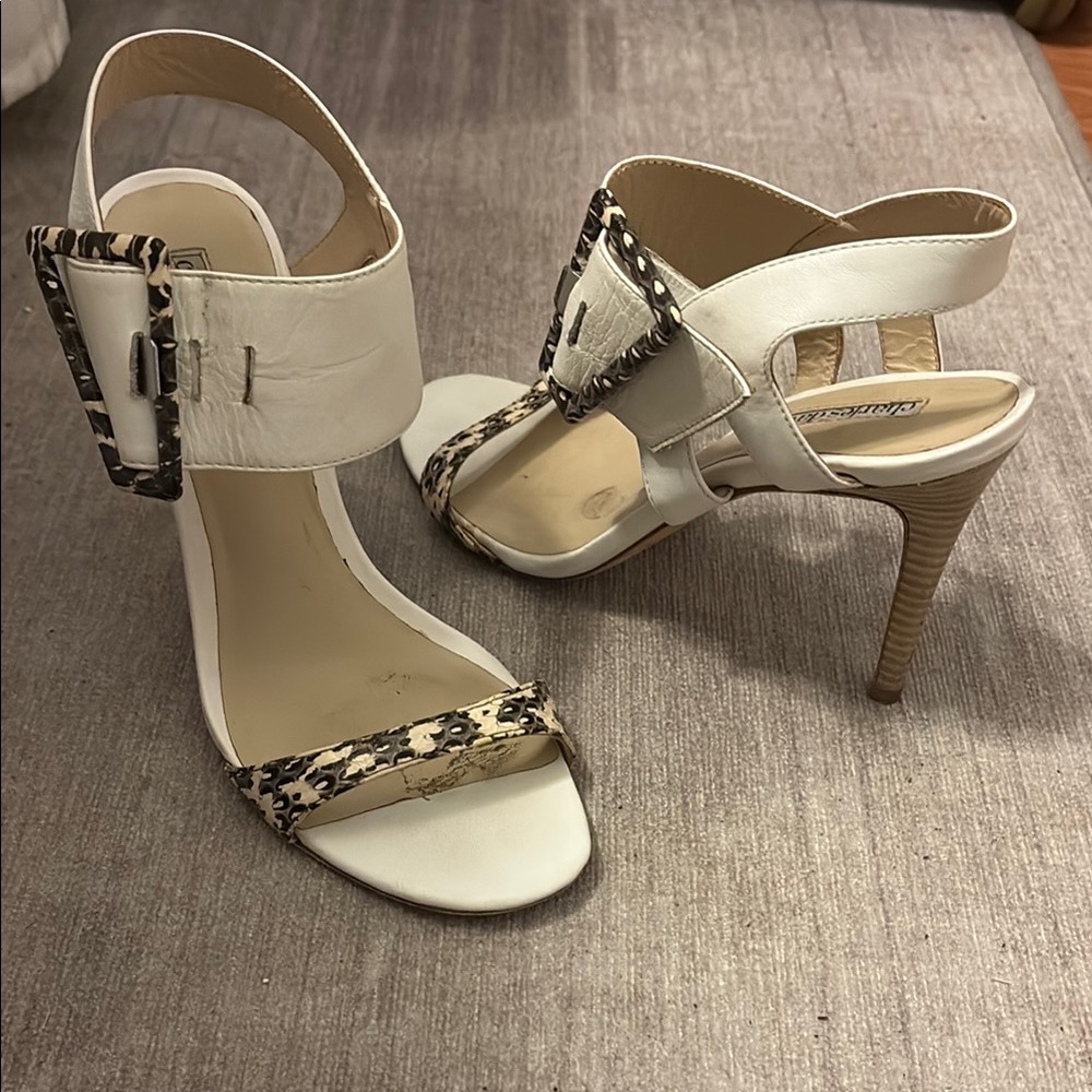 Charles David White and Tan Heels with Chain Embellishment